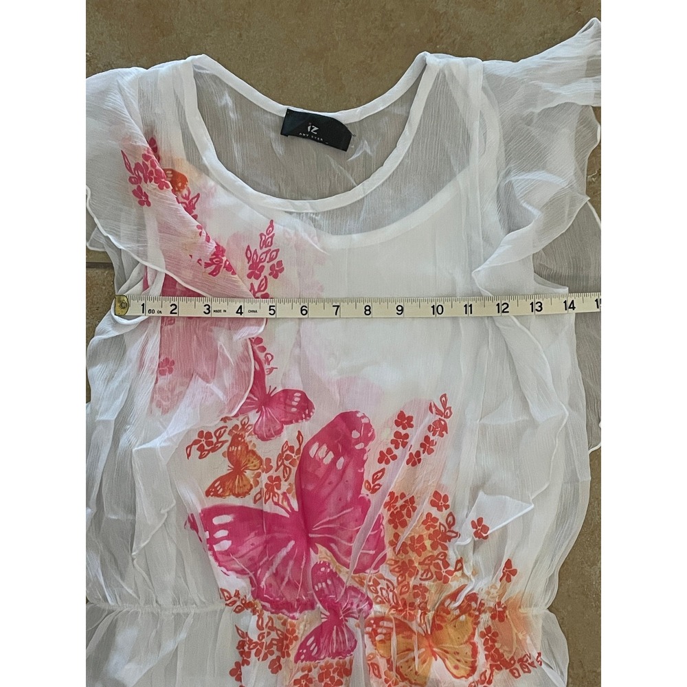 iZ Amy Byer Butterfly Floral Sheer Ruffle Blouse Top White Pink Orange Size XL - Picture 6 of 8